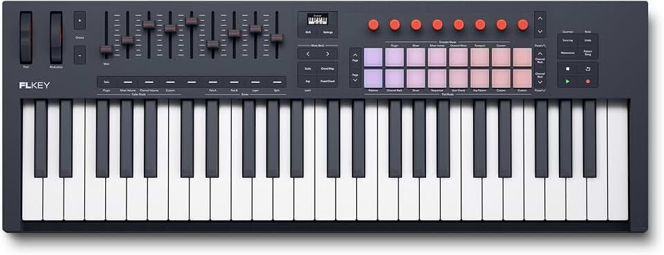 Novation FLkey 2 49 USB MIDI Controller Keyboard | USB-C, 49 Semi-Weighted Keys, 16 Pads, Faders, 8 Encoders, Pitch/Mod Wheels, OLED Display, Scale Mode, Zones, 5-Pin MIDI Out