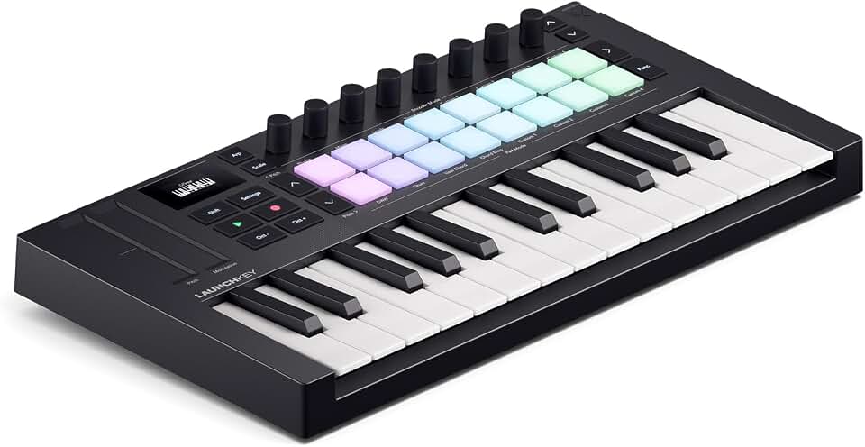 Novation Launchkey Mini 25 MK4 USB MIDI Keyboard Controller | USB, 25 Mini Synth-Action Keys, 16 Pads with Polyphonic Aftertouch, OLED Display, Scale and Chord Modes, Arpeggiator, MIDI