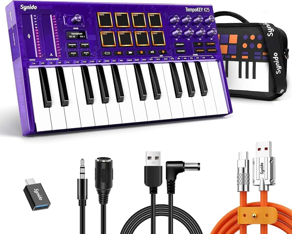 Synido 25 Key USB MIDI Keyboard Controller with Drum Pads, Professional Mini Midi Keyboard with OLED Screen, Beat Maker Machine for Music Production, Purple, TempoKEY K25