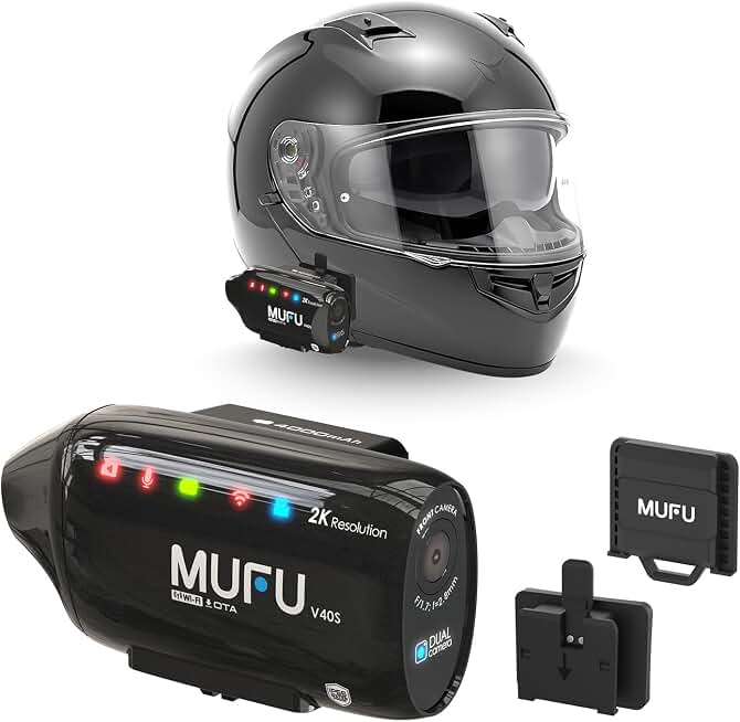 MUFU V40S Motorcycle Dash Cam, 2K Dual Front &amp; Rear Camera for Side Mount Helmet, 4000mAh Battery 8H Loop Recording, IP66 Waterproof, Hands-Free POV, Portable Camcorder with WiFi, 64GB Memory Card
