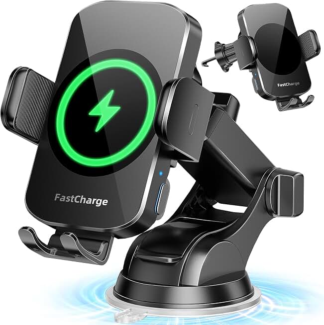 BothLin 3-in-1 Wireless Car Charger Mount, 15W Fast Charging Auto-Clamping Phone Holder for iPhone 17 16 15 14, Samsung Galaxy S24 S23, Dashboard, Vent &amp; Windshield Car Mount
