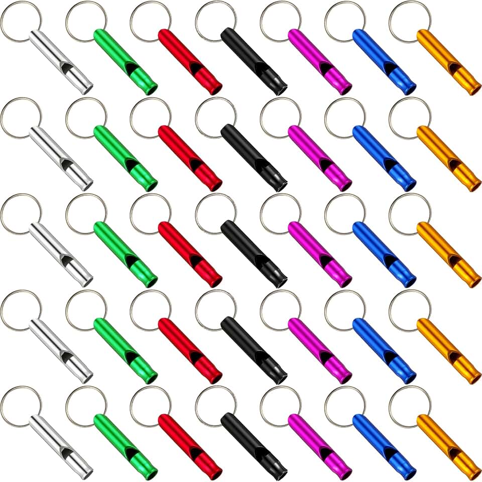Frienda 35 Pcs Emergency Whistles Bulk Keychain, Aluminum, Cute Colors | Loud Sound for Survival Outdoors, Key Ring for Camping Hiking Hunting Sports, Referee Coaching Training Use, Metal Durable