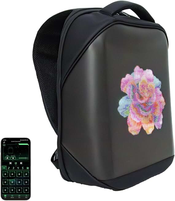LED Backpack Waterproof, 96 * 128 Pixel, Customizable Images, Black | APP Control, Display Screen Customized Bag for Motorcycle, 16-inch Laptop, Travel, Advertisement, Graffiti, Party