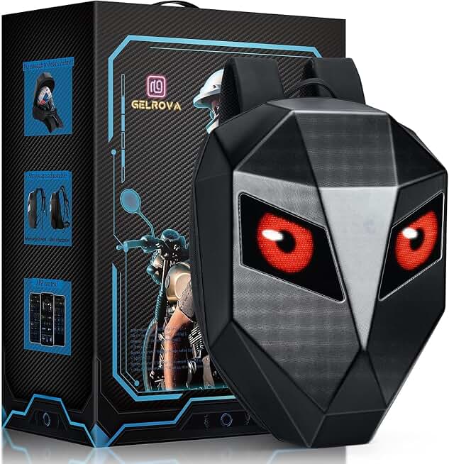 Gelrova LED Backpack with Light Up Moving Eyes,Cool Motorcycle Backpack Hard Shell Laptop Backpack, Knight Serise 19in (Large) Global Recycled Standard