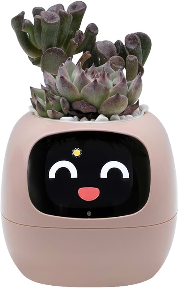 Smart Plant Pot with Expression, AI Intelligent Flower Pot for Indoor Decoration, Smart Garden Pot with Water/Light/Temperature Sensors, Ivy AI Planter(Pink)
