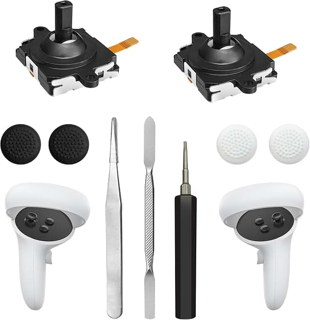 Joystick Replacement Kit for Oculus Quest 2 Controller, Repair Kit for Meta Quest 3 Controller, Include 2 Joysticks, T5 Screwdriver, Tweezer, Pry Tool, 4 Thumbstick Grips (Black-11-in one)
