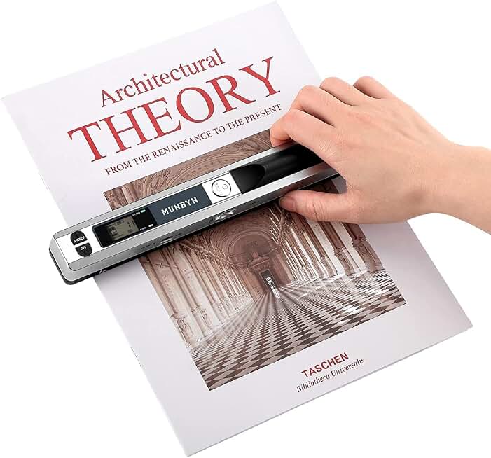 MUNBYN Portable Scanner, 900 DPI Handheld Wand Scanner, A4, 16GB SD, Silver | A4 document/photo scanning, JPG/PDF output, flat scanning, USB transfer to PC/laptop, 16GB SD card included, no driver needed