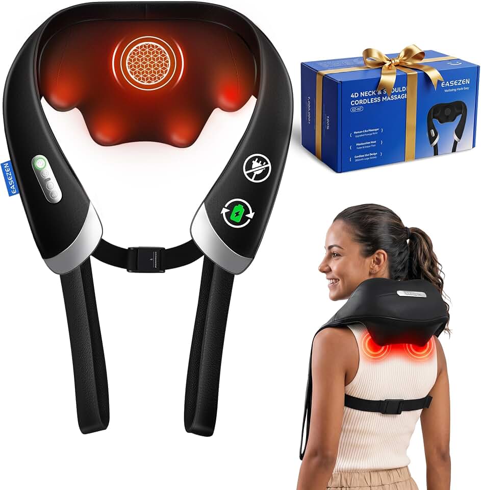 EaseZen Cordless Neck Massager with Heat for Pain Relief Deep Tissue | 4D Shiatsu Deep Kneading Neck and Shoulder Massager for Back &amp; Waist, Portable &amp; Rechargeable, Home Office Travel Use Global Recycled Standard