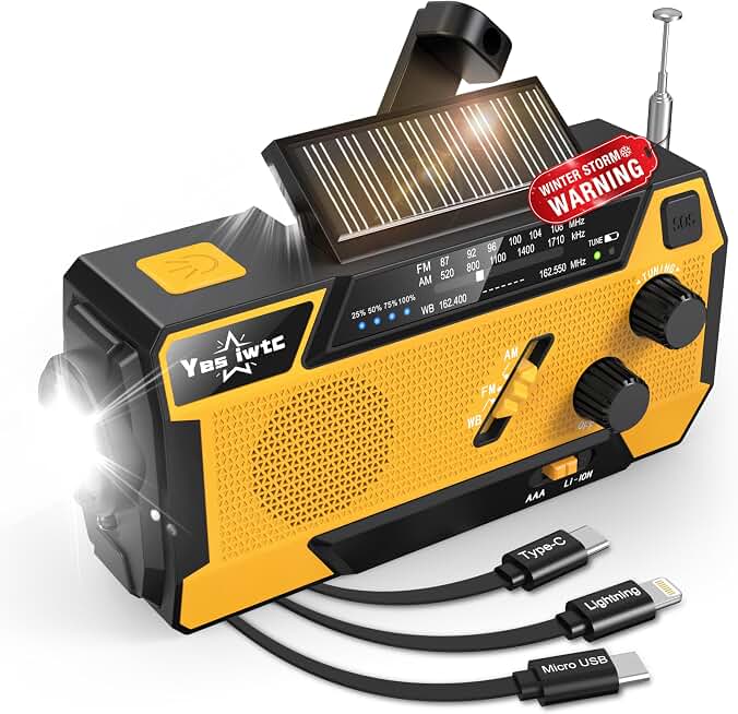 Hand Crank Emergency Radio 7400mWh (2000mAh) Solar Hand Crank Radio | Built in 3 Charging Cables AM/FM/NOAA Weather Radio Battery Operated Hand Crank Charger for Emergency Supplies Survival Gear