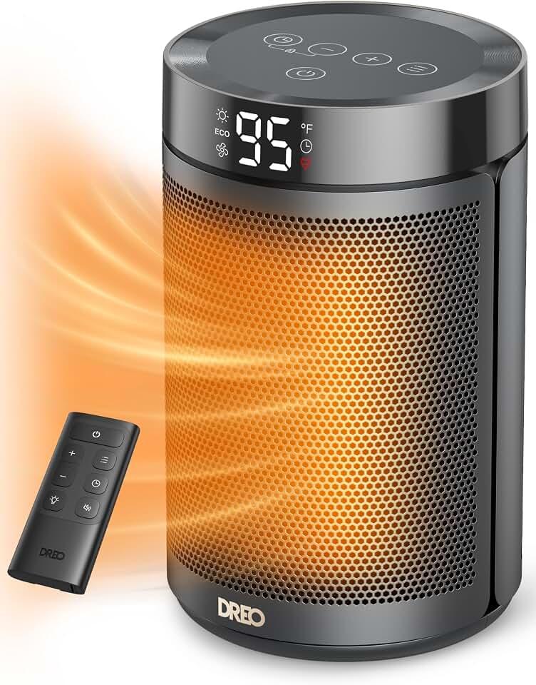 DREO Space Heater, Portable Electric Heaters for Indoor Use with Remote | Adjustable Thermostat, 12H Timer, 5 Mode, 1500W PTC Ceramic Fast Safety Heat for Office Bedroom Home, 34dB Quiet, Black