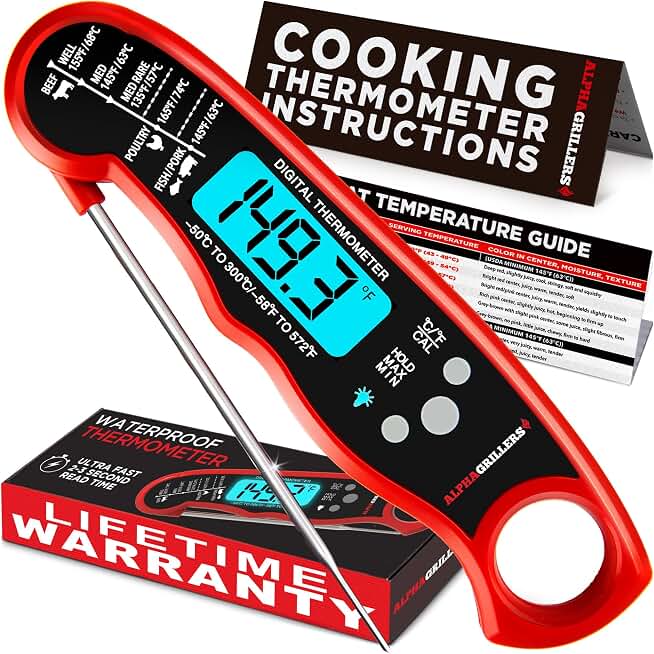 Alpha Grillers Instant Read Meat Thermometer Digital, Cooking, Food, Grill | 1-2 Second Ultra-Fast Response Time, Bright Backlit Display, Waterproof (IP67), Pre-Calibrated &amp; Ready to Use