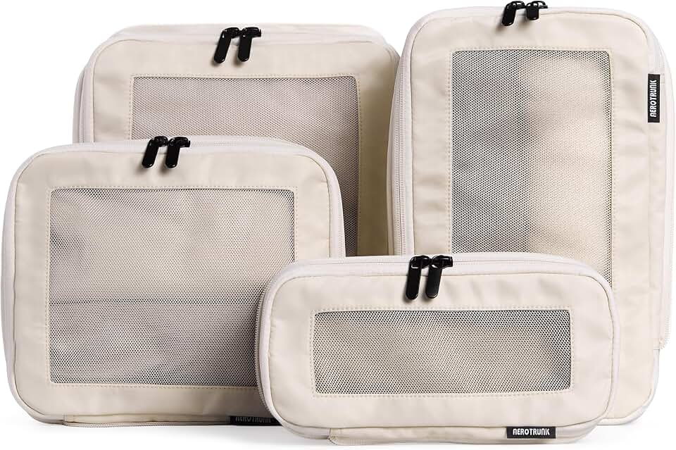 Aerotrunk Aerotrunk Compression Packing Cubes for Travel, 4-Pack, Beige | Solves overpacking, 4-Piece set fits most carry-ons, 50% Space savings, Compression luggage organizer bags