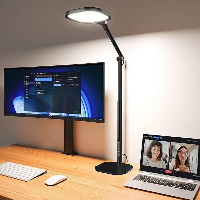 LitONES Tall LED Desk Lamps Home Office, Edge-Lit Eye-Care, 50 Light Modes | 40" Height, Dimmable &amp; Flexible, CRI>97.8, Memory and Timer Func, Stable Metal Base for Home Office, Video Calls &amp; Any Task Recycled Claim Standard Blended
