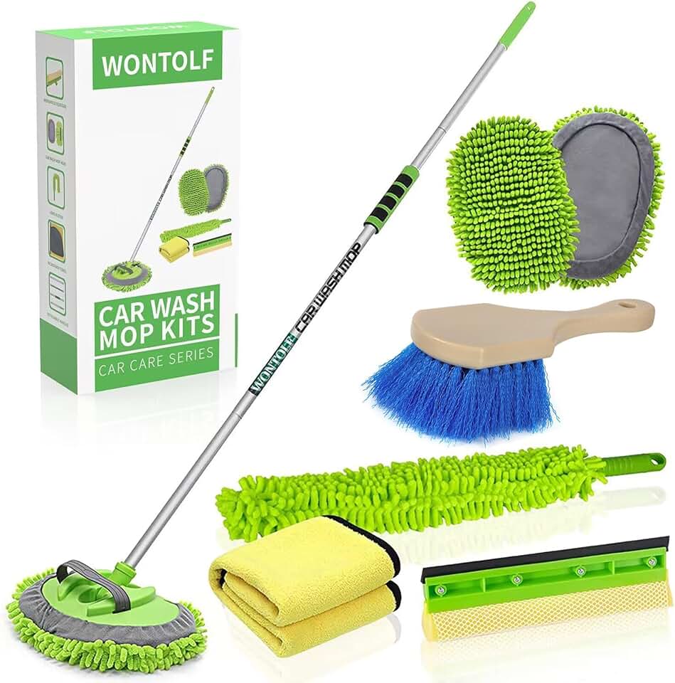 Wontolf 62'' Car Wash Brush with Long Handle Chenille Microfiber Car Wash Mop Mitt Kit Car Detailing Brush Cleaning Kit Window Squeegee Car Duster Drying Towels Tire Brush for Cars RV Truck Boat