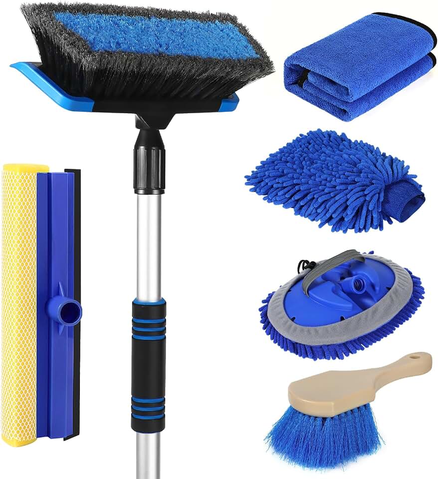 Wontolf 62'' Car Wash Brush with Long Handle, Scratch-Free Soft Bristles Sturdy Car Wash Mop Kit, Complete Car Cleaning Brush Kit Wash Mitt Towel Windshield Squeegee Wheel Tire Brush for Car Truck RV