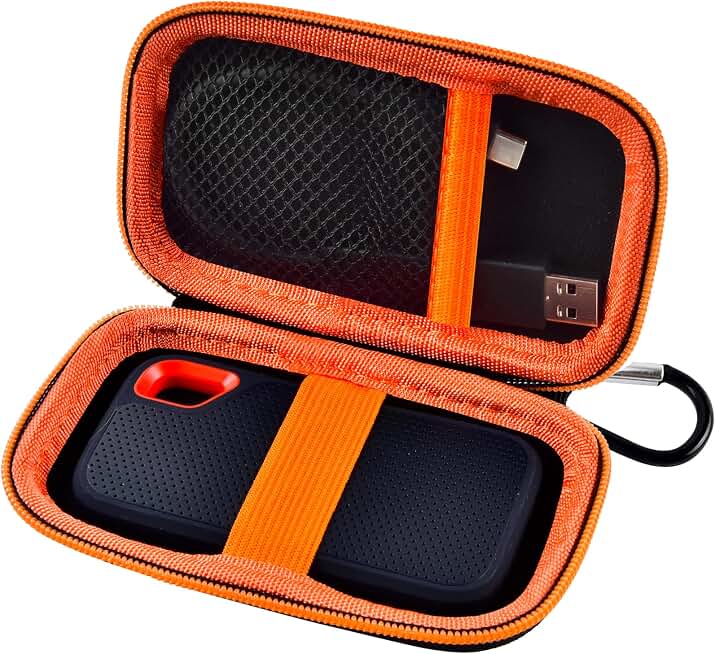 SSD Case for SanDisk Extreme Portable SSD &amp; Extreme PRO, Hard Shell Protective Storage Bag with Carabiner, Fits 1TB 2TB 4TB 8TB External Solid State Drive for Business Travel(Orange) Global Recycled Standard
