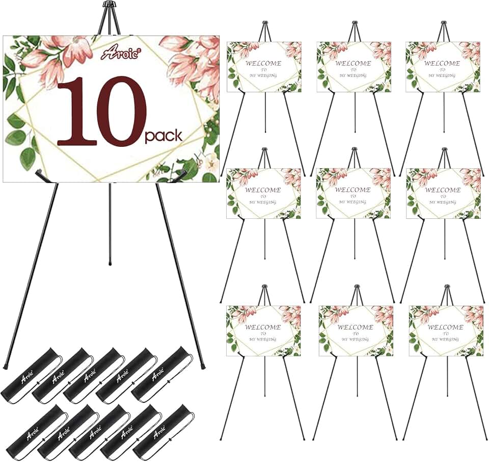 AROIC 63 "Easel Stand for Display, 10 Pack Portable Foldable Metal Easel | Signs Wedding Logos ,Arts, Painting,Adjustable Floor Easels with 10 Storage Bag