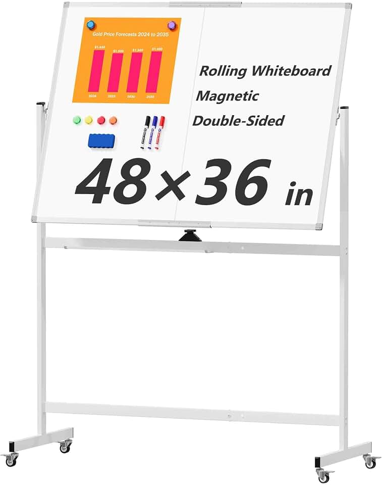 Large Rolling Whiteboard on Wheels, 48" x 36" Double-Sided Mobile White Board with Stand, 4' x 3' Portable Standing Magnetic Dry Erase Board Easel for Home Office Classroom School, Silver Global Recycled Standard
