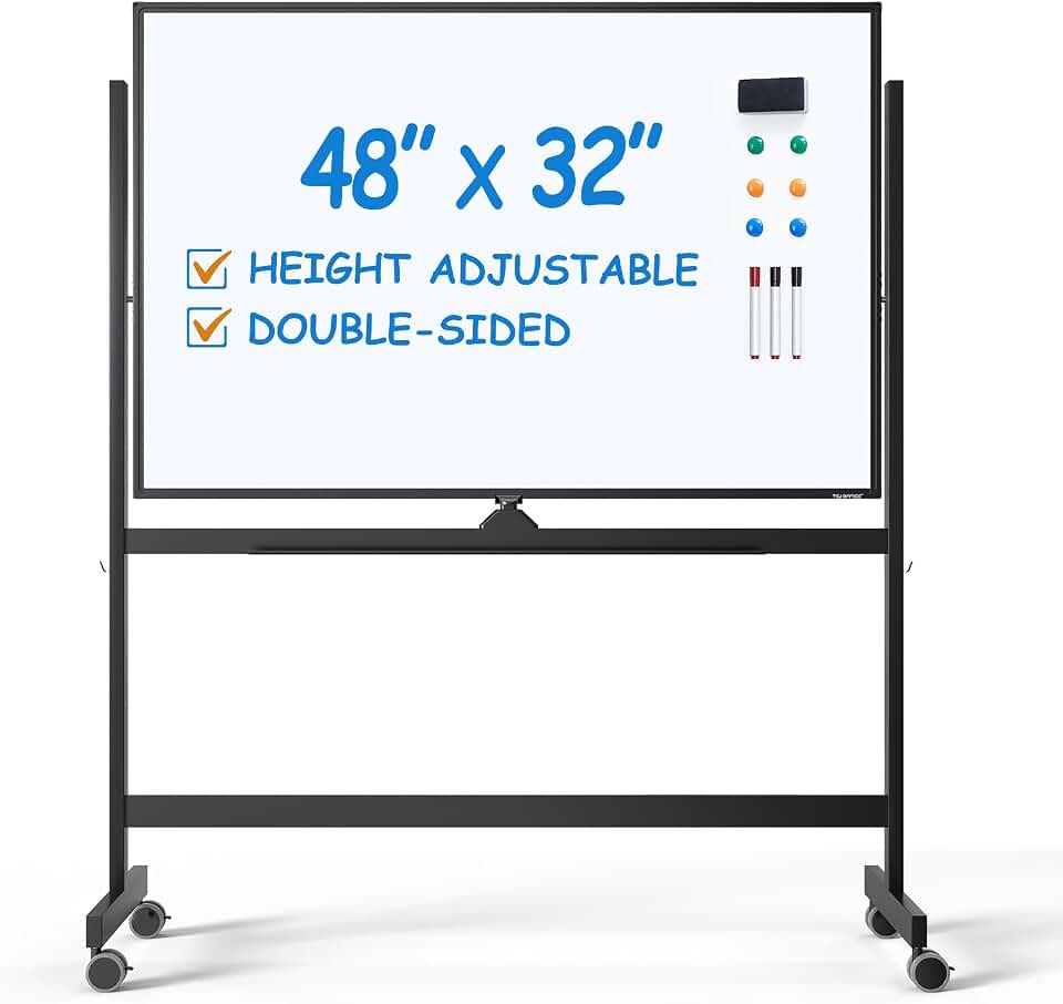 TSJ OFFICE Large Rolling Whiteboard - Dry Erase Magnetic 48 x 32 Inches White Board Height Adjust Double Sides Mobile Portable Easel on Wheels, Dry Erase Board with Stand for Office, Home &amp; Classroom Global Recycled Standard