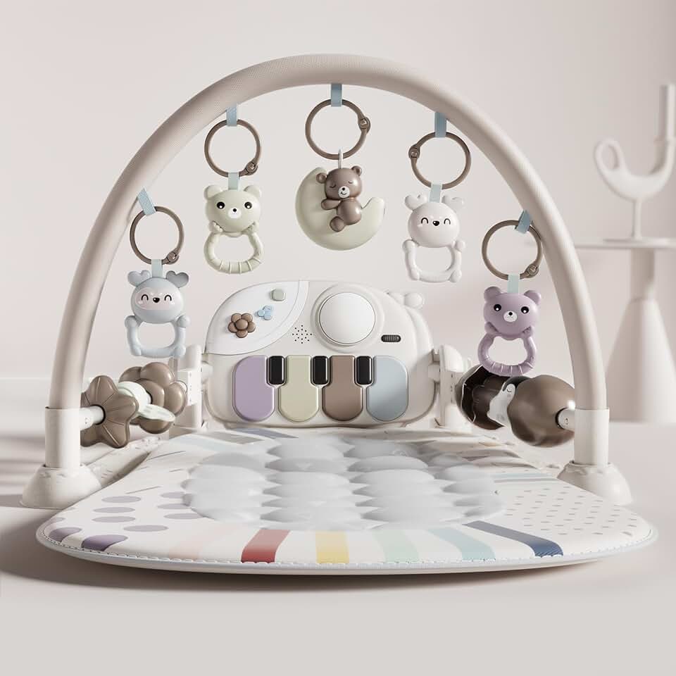 Jovow Baby Gym Mat with Detachable Piano for Babies 0-3 6-9 12 Months | Tummy Time Play Toys Activity Mat with 5 Rattles Infant Toys,Music &amp; Light Sensory Newborn Gifts