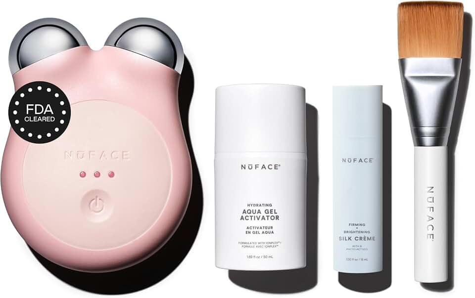 NUFACE MINI+ Facial Sculpting Tool - Microcurrent Face Massager Device for Skin Tightening, Contouring, Depuffing &amp; Toning Cheeks, Neck &amp; Jawline + Lymphatic Drainage &amp; Activator Gel, Sandy Rose