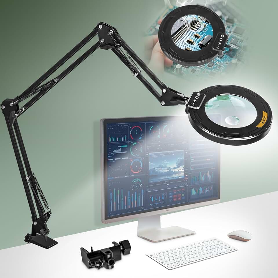 Ultra Long 3-Section Swing Arm 12X Magnifying Glass with Light | 4-Way Large Metal Clamp, 5 Color Modes LED, 35.2Inch Lighted Magnifier Lamp for Workbench Crafting Hobby Soldering Sewing