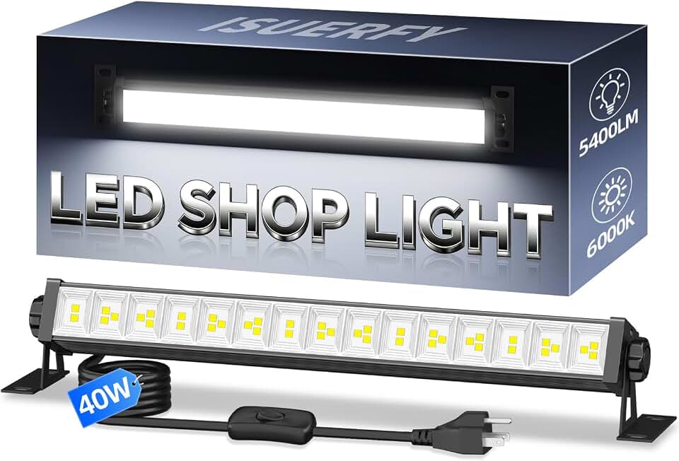 40W Shop Light Plug in 5400LM with Switch+ 6.6FT Cord, for Garage Workbench | Brighter LED Garage Light, 6000K Daylight White Workshop Bay Lighting for Workbench Warehouse Factory Basement