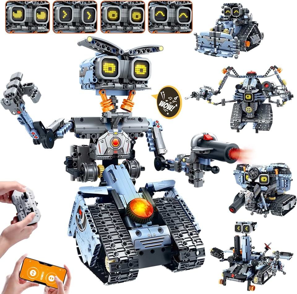 HiWEEGO 5 in 1 Changeable LED Eyes Robot Building Set for 12+ Kids Boy Girl | 699 PCS Remote &amp; App-Controlled Robotic Building Block RC Elephant/Bulldozer/Tank/Tracked Model Kit Teens Toys Birthday Gift
