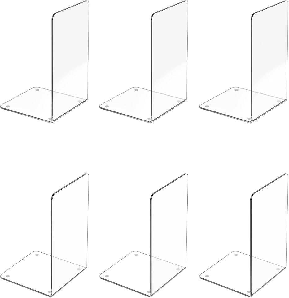 Acrylic Bookends 6 Pcs, Clear Book Ends for Shelves, Bookend Organizer | Transparent Book Holder Stand Decorative, Book Stoppers for Heavy Duty Books, CD, File, Video Games