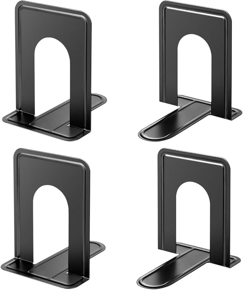 MaxGear Matte Painted Book Ends, Heavy Duty and Sturdy Bookends for Shelves | Office Non-Skid Metal Book End Stopper for Books/CDs/DVDs, 6 x 4.6 x 6 in, Black, 2 Pairs/4 Pieces, Large