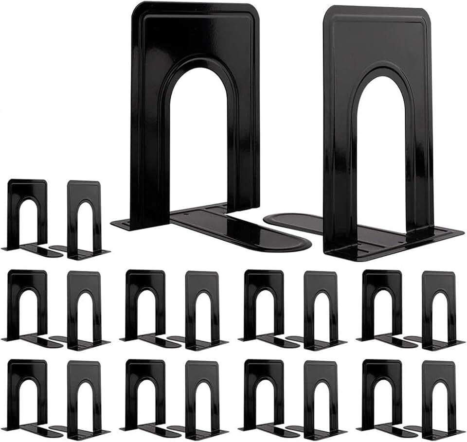 Metal Bookends 20 Pack Black Heavy Duty Nonskid Supports 6.6in | Black Metal, 10 Pairs, Plain L-Shape Design, Nonskid Supports, for Heavy Books Home Office School and Library Shelves