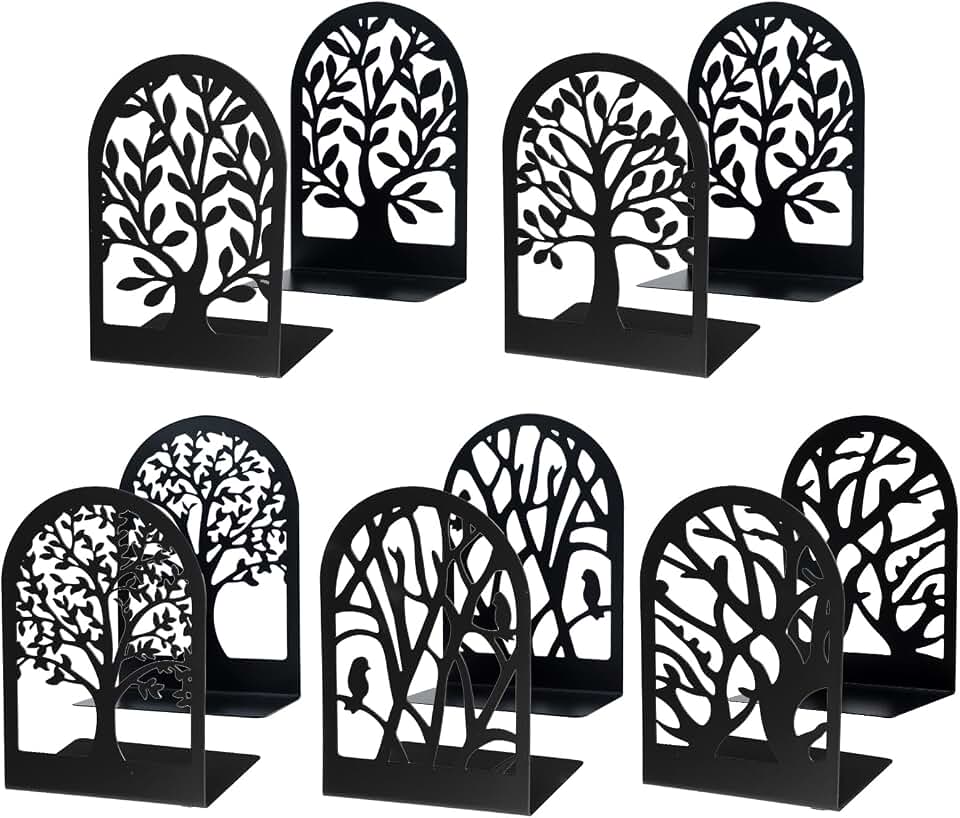 Tree Bookends 10 Pack Black Metal Heavy Duty Book Supports for Shelves | Black Metal, Tree Silhouette Design, 5 Pairs, Sturdy Book Supports, for Home Office School and Library Shelves