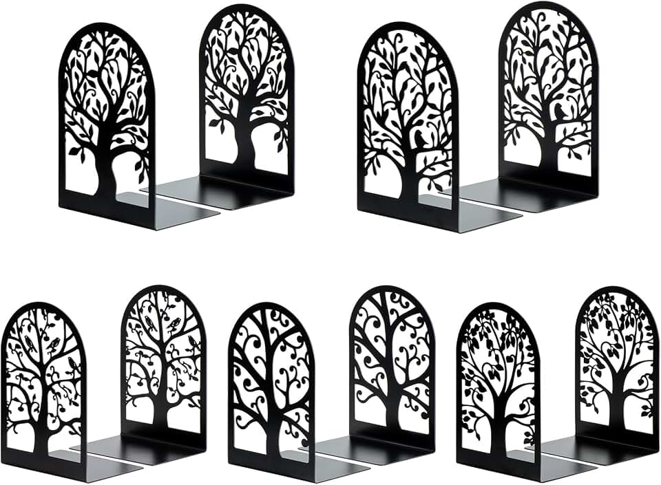 HappyHapi 5 Pair Book Ends, Metal Bookends for Shelves, Decorative Bookends | Decorative Book Holder for Shelf, Tree Stopper for Heavy Books, Black Book Ends for Home Office, 6.5 X 4.7 X 3.5 Inch