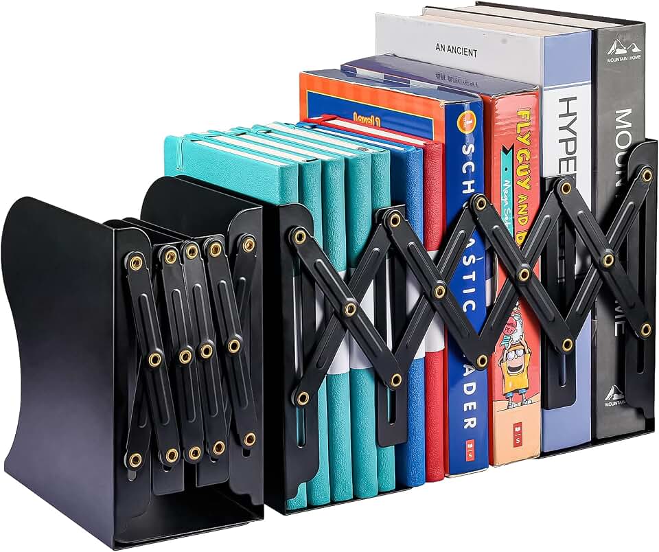 2 Pack Adjustable Metal Book Ends for Heavy Books, Extends Up to 19", Black | Bookends with 2 Dividers , Book Dividers for Shelves, Nonslip Book Stander for Desk, Shelf, Office, Stationery Gift