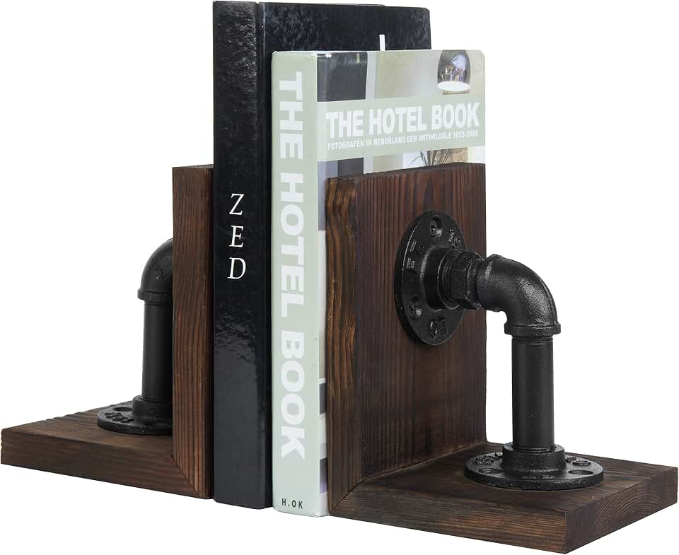 MyGift Burnt Wood Bookends with Metal Industrial Pipe Design, 2 Piece Set | Farmhouse Industrial Style Book ends for Shelves, Decorative Wood Book Stopper for Home Office, Decor for Office, Library