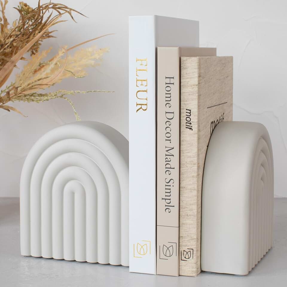 Decorative Concrete Bookends for Heavy Books - Stylish Set of 2, Anti-Slip | Aesthetic Book Holder and Stopper Ideal for Any Bookshelf - Chic Home, Office or Library Decor