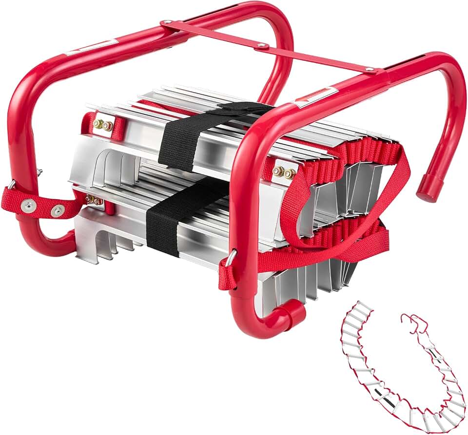 VEVOR Fire Escape Ladder, 3-Story 25FT Retractable Emergency Fire Ladder, Lightweight Aluminum Alloy Safety Escape Ladders with Sturdy Polyester Strap, Anti-Slip Rung &amp; Wide Steps, 1000LBS Max Loading