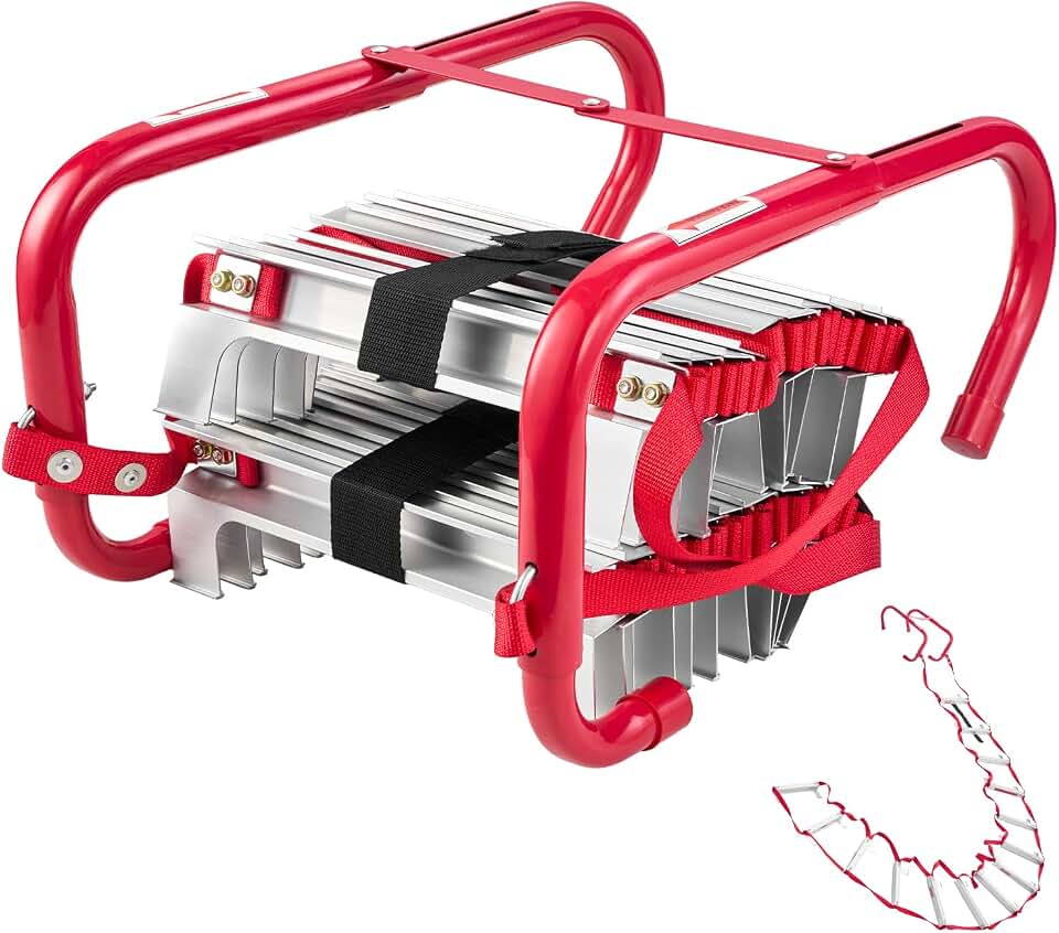 VEVOR Fire Escape Ladder, 2-Story 13FT Retractable Emergency Fire Ladder, Lightweight Aluminum Alloy Safety Escape Ladders with Sturdy Polyester Strap, Anti-Slip Rung &amp; Wide Steps, 1000LBS Max Loading