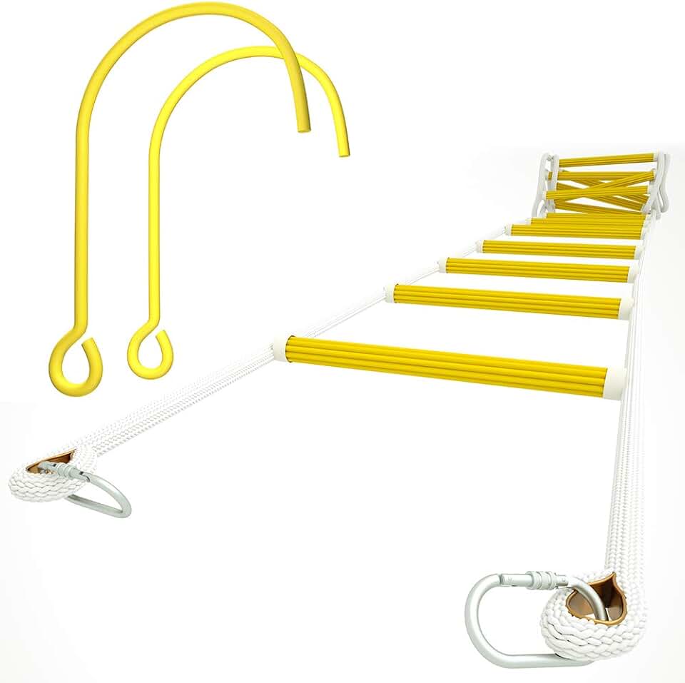 ISOP Fire Ladders 2 Story Windows with Hooks 13ft | Fire Escape Rope Ladders Second Floor | Safety Rope Ladder for Adults &amp; Kids | Compact, Rust Resistant | Resue Ladder Hooks | Certified, Tested