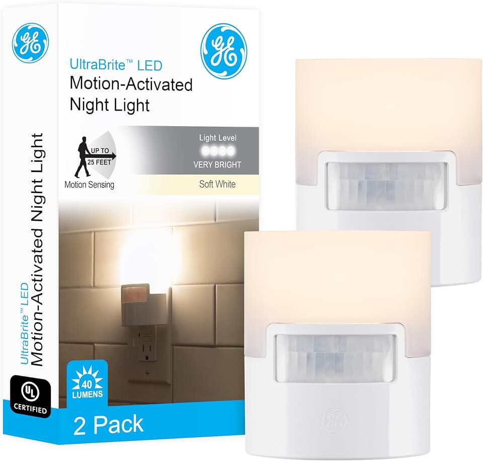 GE Plug in Night Light with Motion Sensor, 40 Lumens, 2 Pack | Warm White 3000K, Motion Sensor Night Light for Bedroom, Bathroom, and Hallway, UL Listed, Energy Efficient