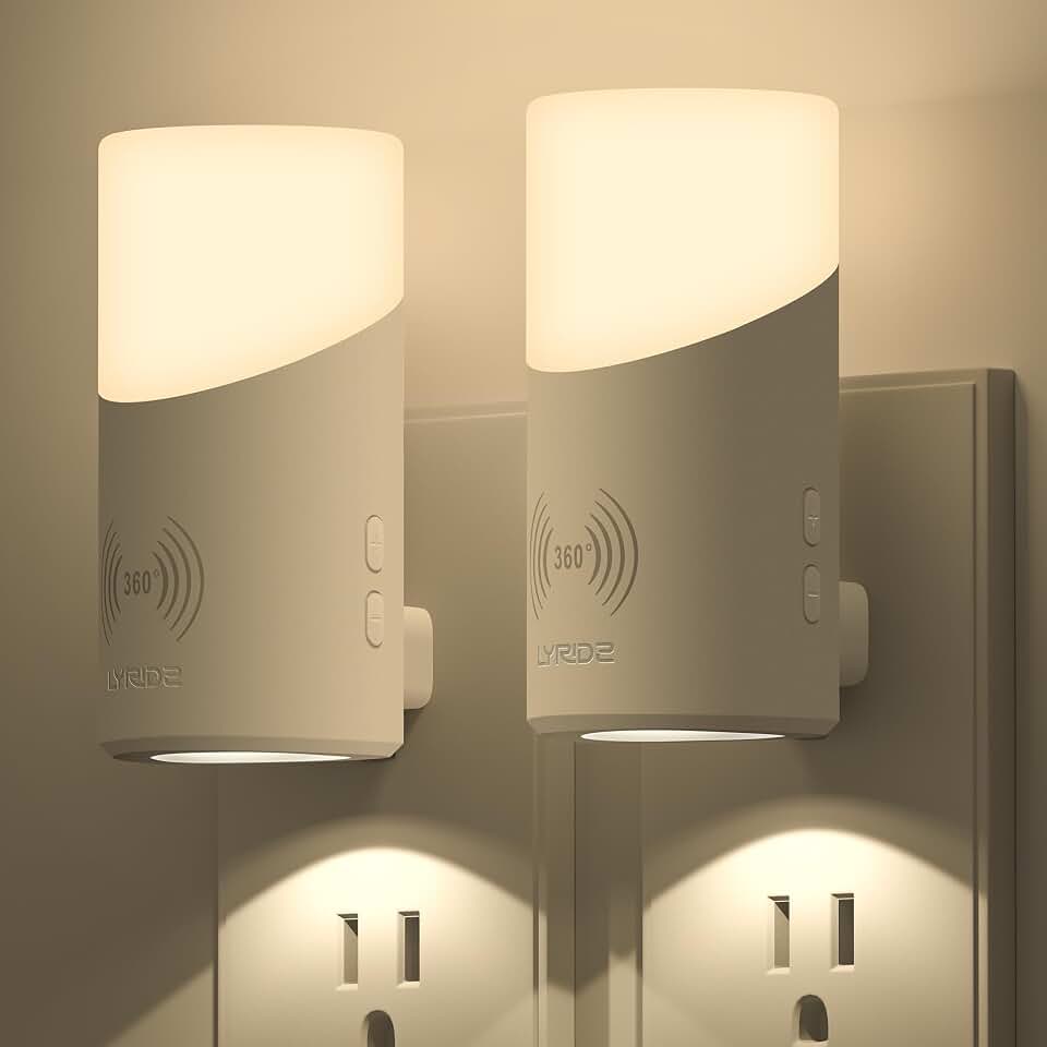 Lyridz LED Plug-in Night Light with 360° Motion Sensor, 1-150 Lumens Dimmable Nightlights Indoor for Bathroom, Bedroom, Hallway, Stairs, Pet House, 2 Pack