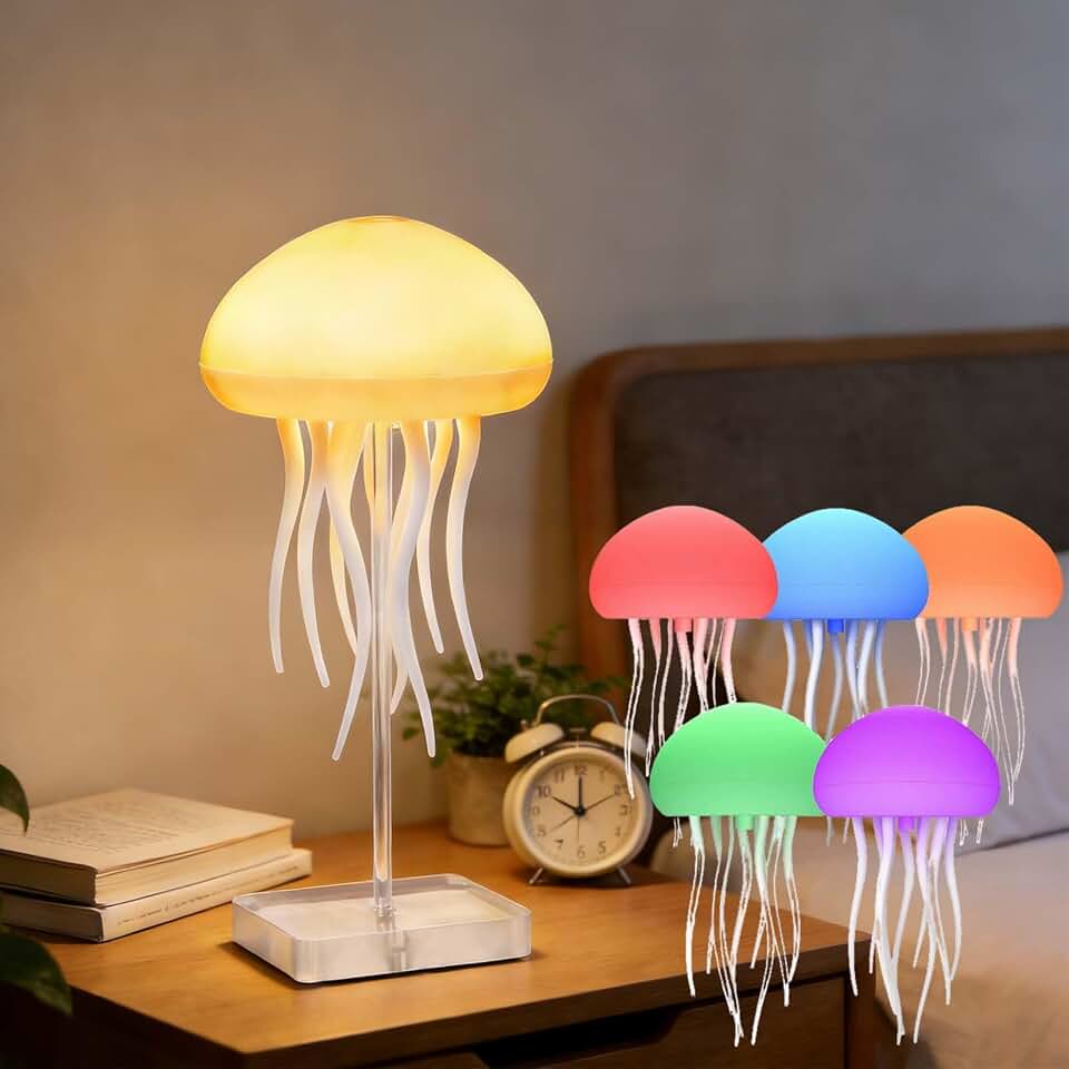 Jellyfish Lamp, Voice Control Jellyfish Light with Dancing Legs, RGB Gradient Jellyfish Night Light, Rechargeable Bedside Lamp with Hanging and Staingnd, for Valentine's Day(Version A)