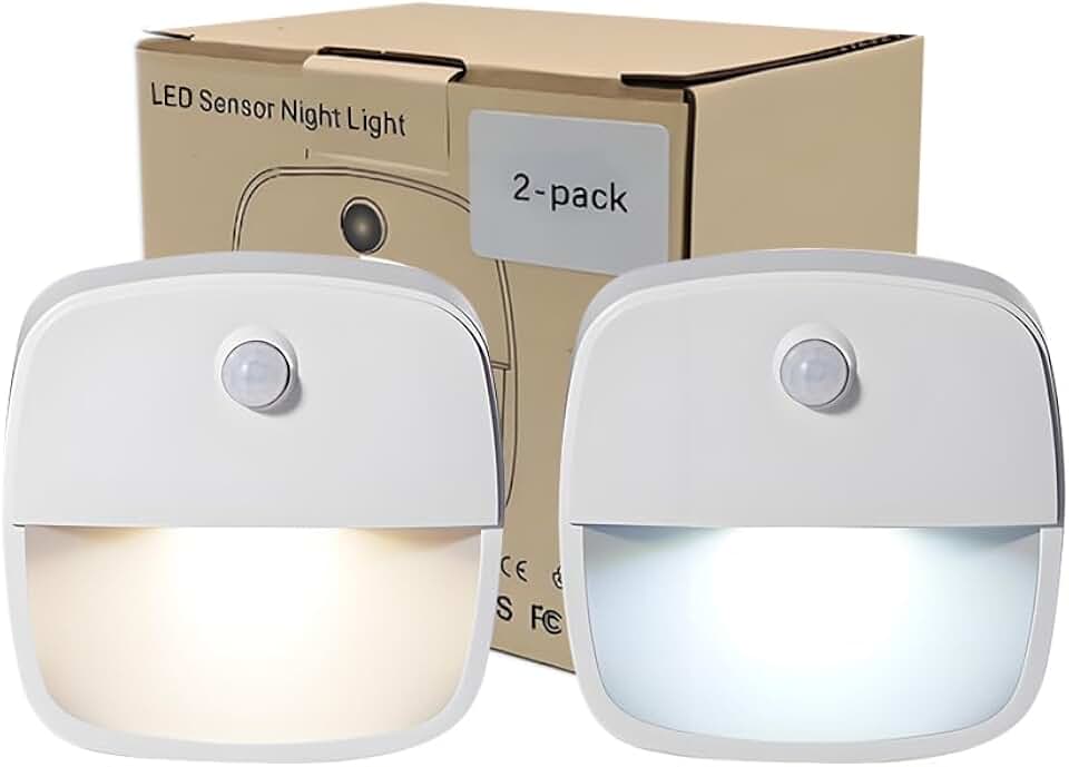 Consss Motion Activated Night Light,Nightlights with Light Sensors Dual Color Modes 6000K White Light/3000K Warm Light Adhesive Installation for Bedroom, Kitchen, Stairs, Hallway,Garage,2 Pack