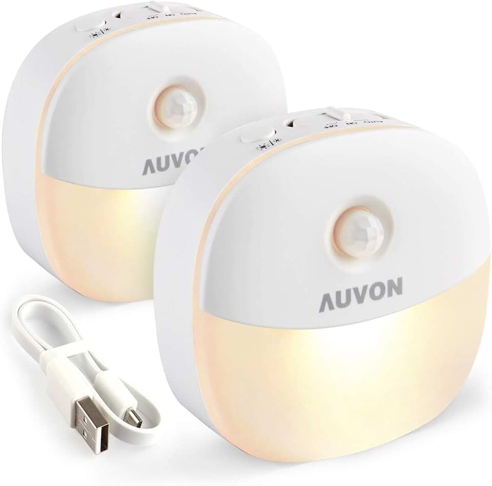 AUVON Magnetic Rechargeable Night Light, Motion &amp; Dusk-Dawn Sensor, 2 Packs | Mini Warm White LED Night Light, Adjustable Brightness for Bedroom, Bathroom, Hallway, Kitchen, Baby Care, Travel Fridenly Global Recycled Standard