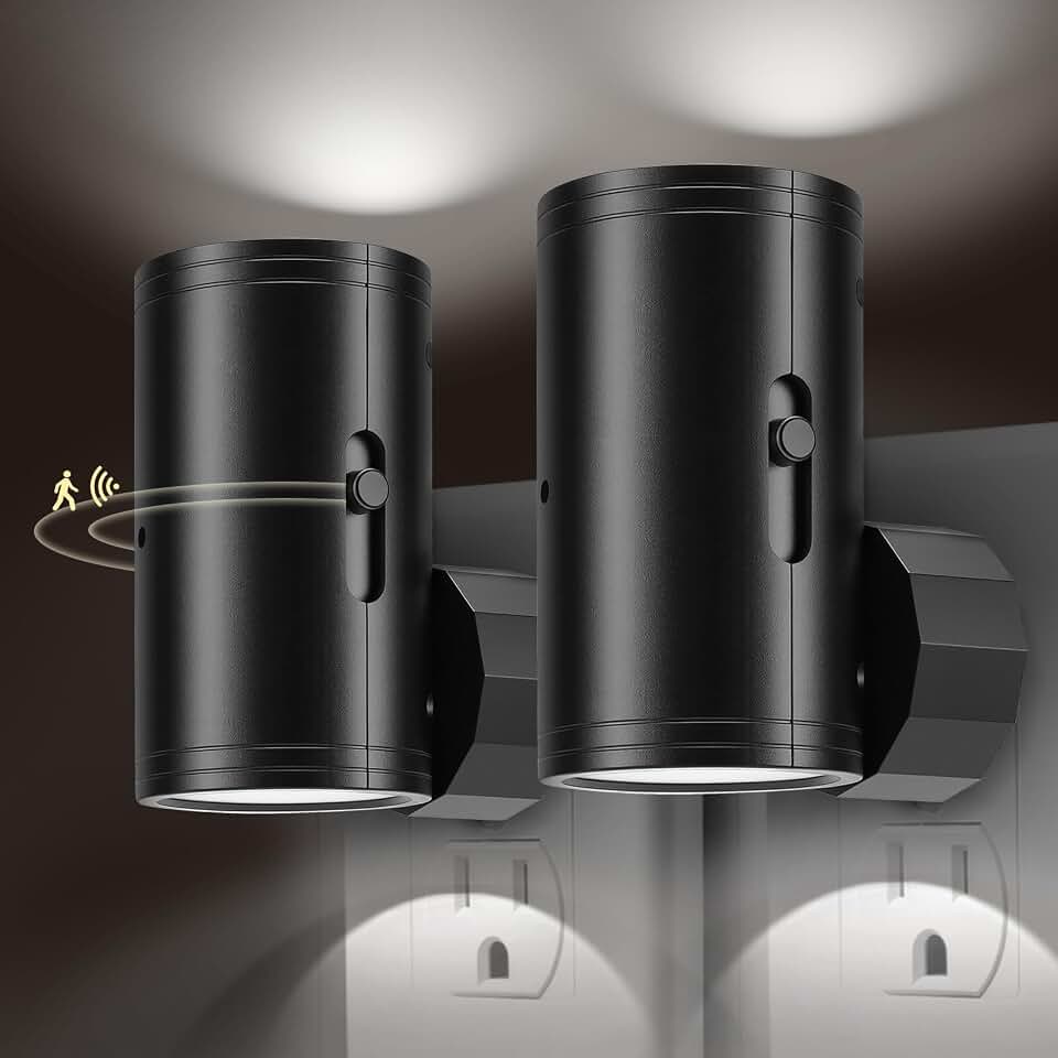 TSEXES Night Light Plug in Wall with Motion Sensor,5000K Daylight, 2 Pack | Motion Activated &amp; Dusk to Dawn Sensor,Dimmbale, 5-300LM Adjustable Brightness, For Kitchen, Hallway, Bedroom, Stairs