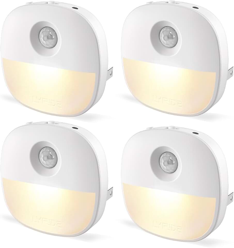 Lyridz Plug in Night Light with Motion Sensor and Dusk to Dawn Sensor, Dimmable Warm Nightlight with 1-50lm Adjustable Brightness Indoor for Bedroom, Bathroom, Stairs, Hallway, 4 Pack ClimatePartner certified