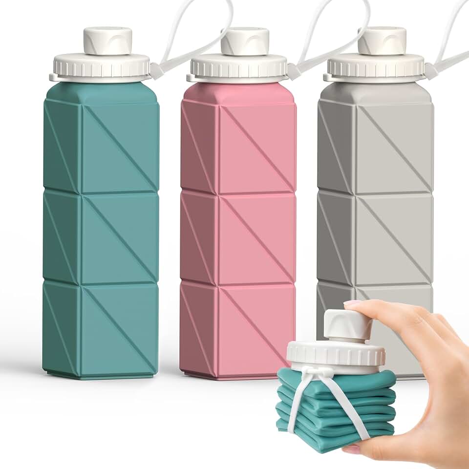 BEAUTAIL Collapsible Water Bottles 21oz/610mL, Silicone Travel Water Bottle | BPA Free, Leakproof &amp; Reusable, Foldable Water Bottle for Traveling, Hiking, Cycling, Gym, School, Sports, Outdoor, 3-Pack Recycled Claim Standard Blended