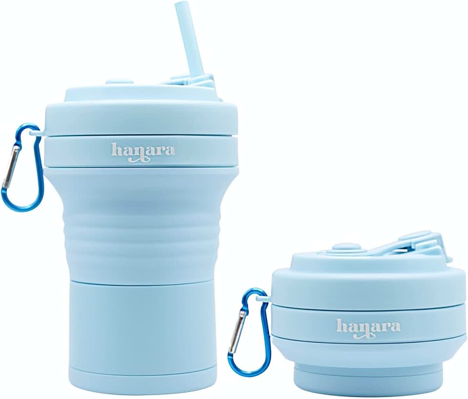 HANARA Collapsible Cup with Reusable Straw – 18 Oz (550 Ml), Portable Travel Mug, BPA-Free, Leak-Proof, Microwave &amp; Dishwasher Safe, Multi-Purpose for Hot &amp; Cold Drinks – Sky Blue