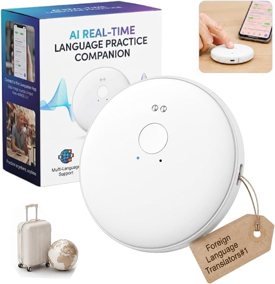 AI Real Time Language Practice Companion Pocket Voice Translator for Travel | One microphone button starts spoken exchanges while the connected phone app keeps phrase records handy for review on the go
