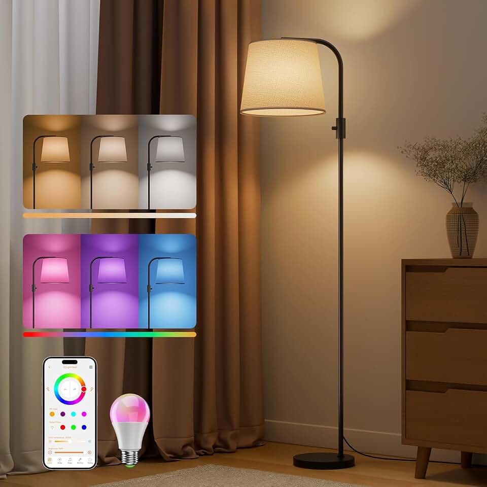 Smart RGB Arc Floor Lamp, 65", App Control, Compatible with Alexa | 2700K-6000K tunable white, 1%-100% dimmable, music sync, 1200lm, 350° swivel woven linen shade, no account required